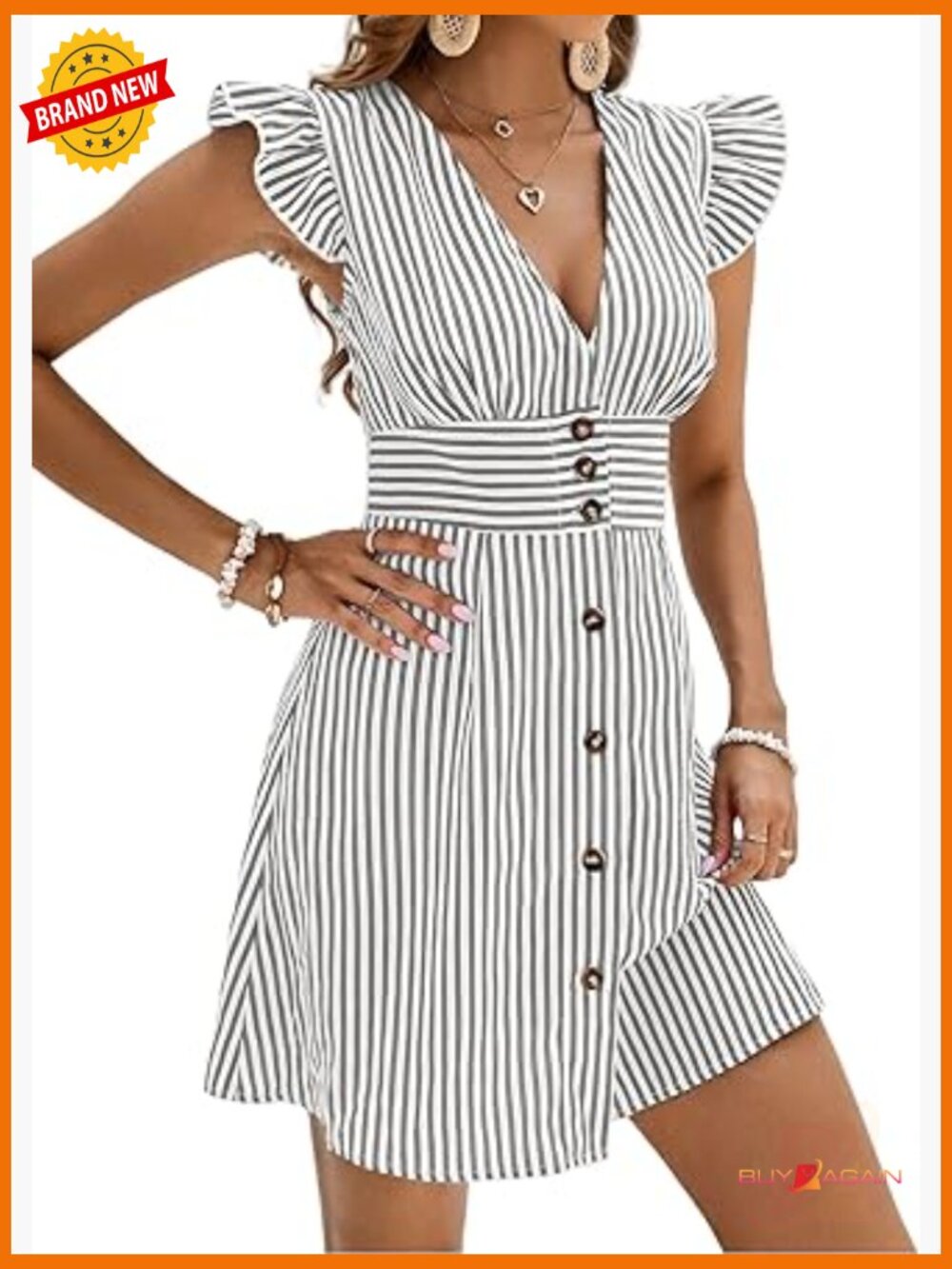 Button Front Striped A-Line Shirt Dress Cap Sleeve Midi